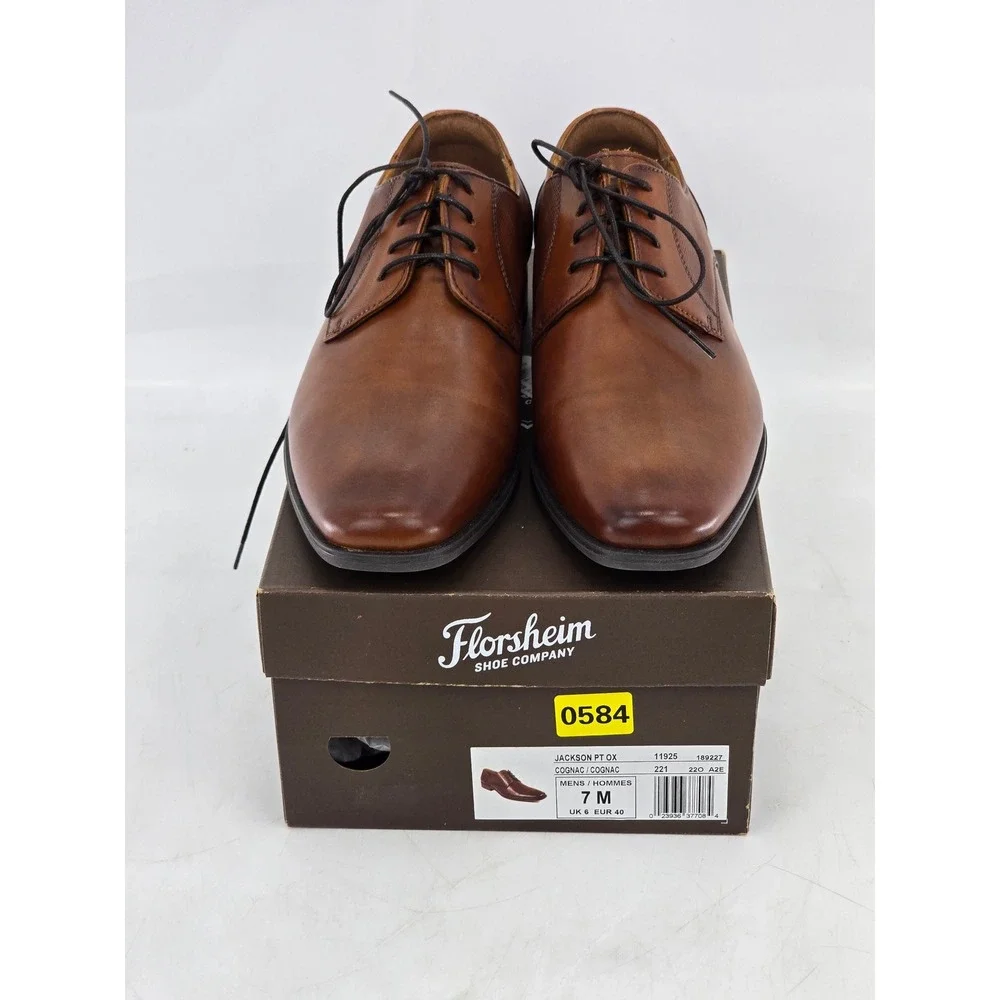 Florsheim Jackson PT OX Mens 7 M Cognac Plain Toe Derby Shoes - Excellent